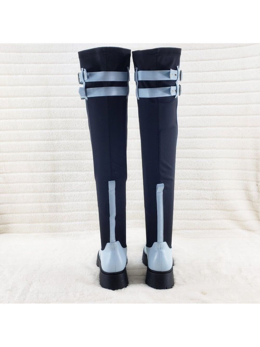 Techno Baby Blue Lycra Stretch Lug Sole Thigh High Combat Rider Brand New - Picture 6 of 16